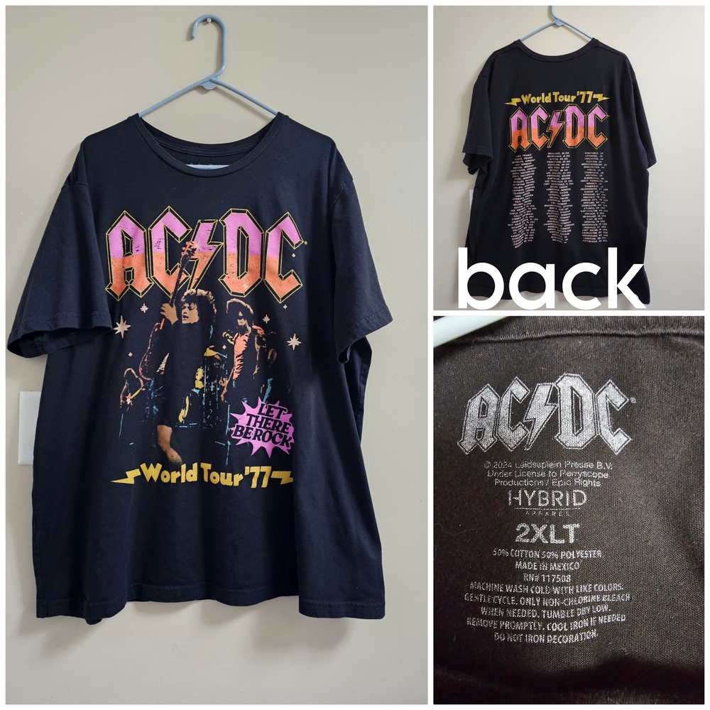 AC/DC World Tour '77 Graphic Tee - 2XLT - Hybrid Apparel Black Band Shirt